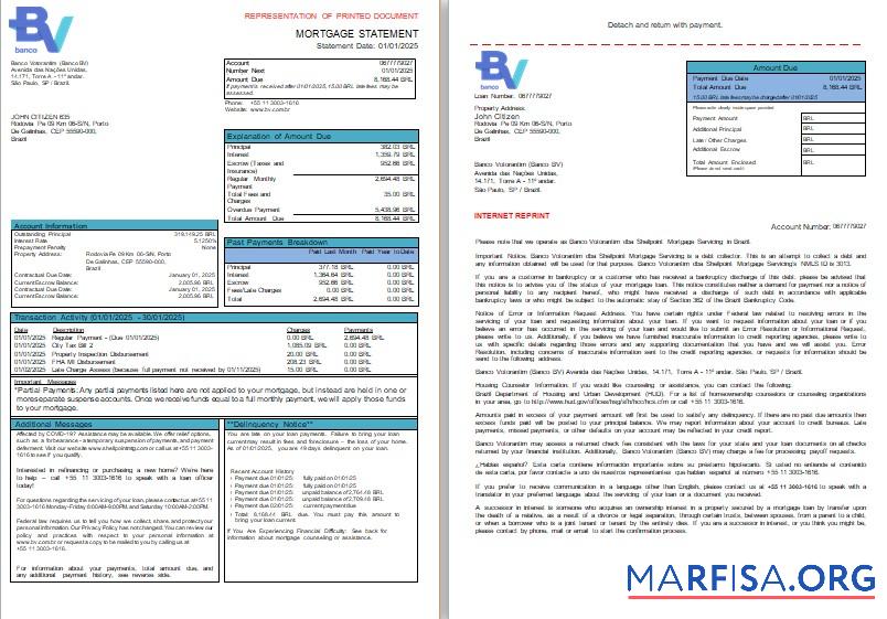 Blank Brazil Banco Votorantim bank mortgage statement, 3 pages, 1 2 scr real example